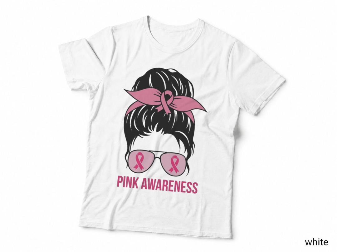 Pink Awareness Ribbon Messy Bun Mom Breast Cancer Awareness T-Shirt
