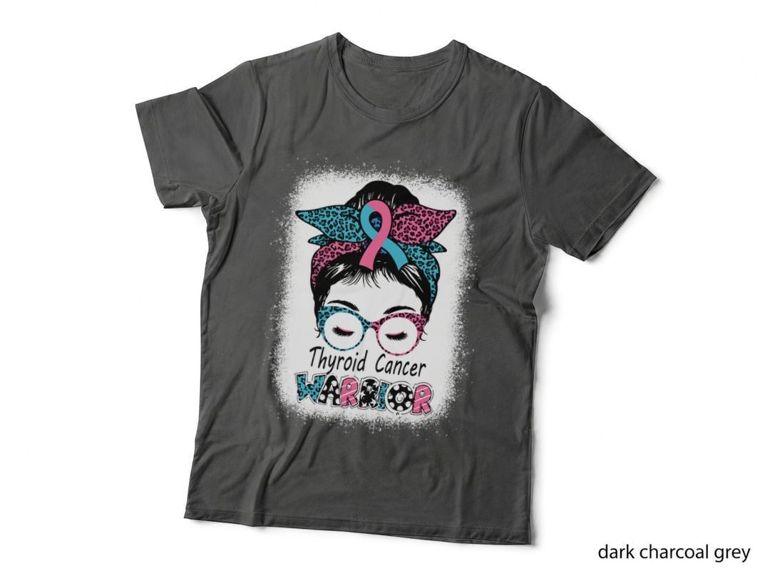 Thyroid Cancer Warrior Awareness Messy Bun Mom Teal Ribbon T-Shirt