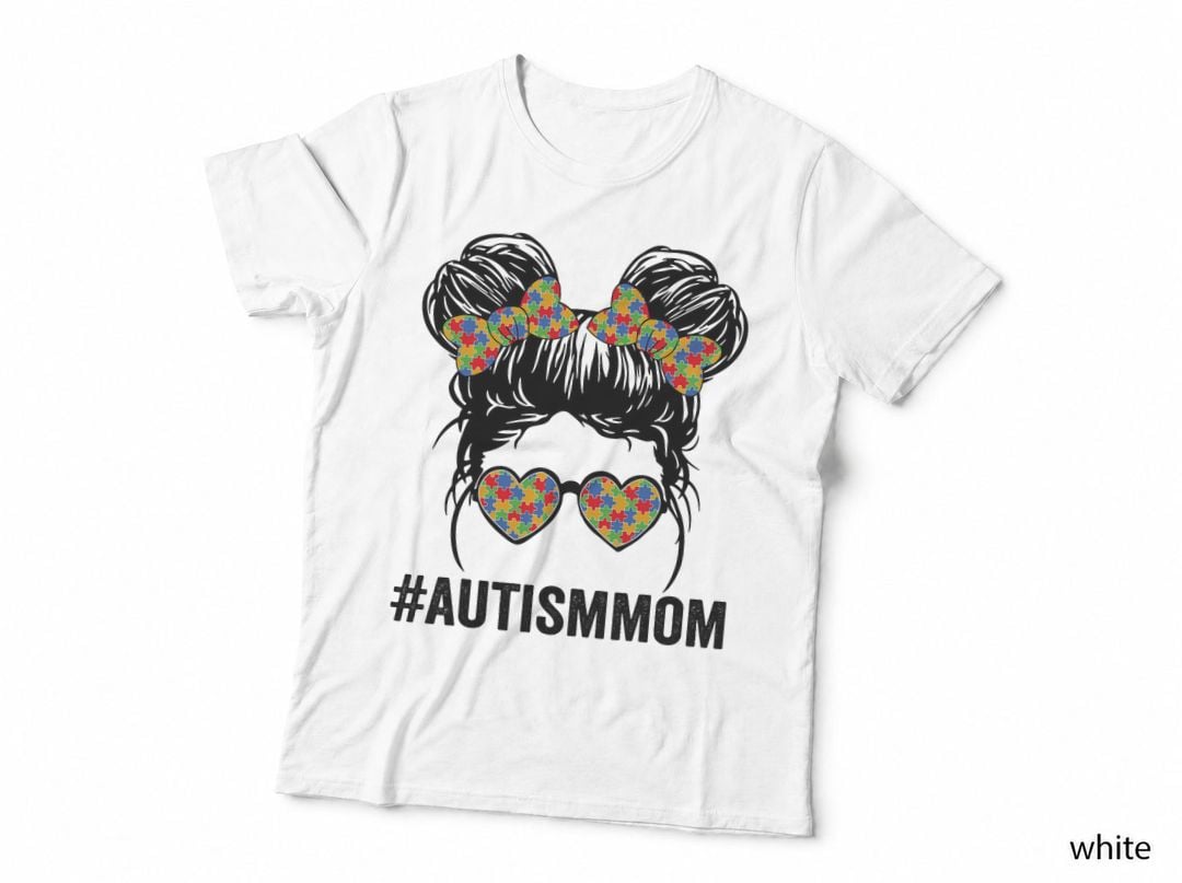 Autism Awareness Mom Messy Bun Glasses Autistic Support T-Shirt