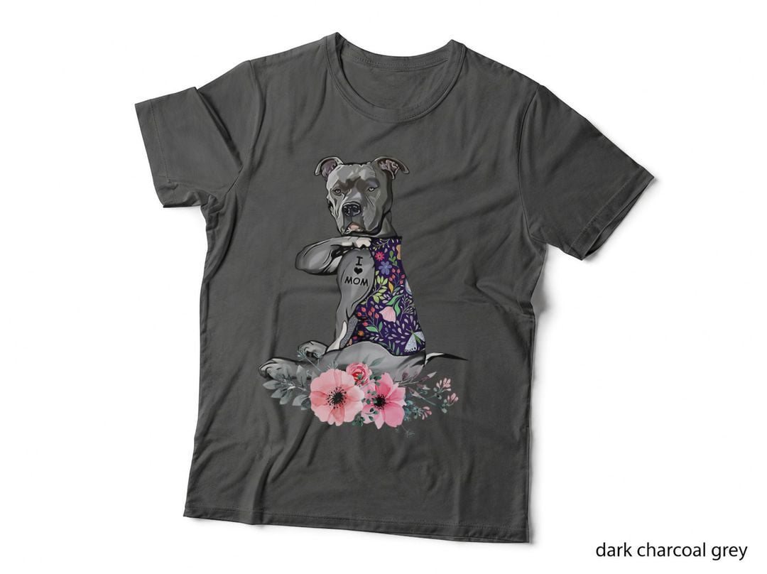 Flower Pitbull - I Love Mom Pitbull Tattoo Mors Day T-Shirt