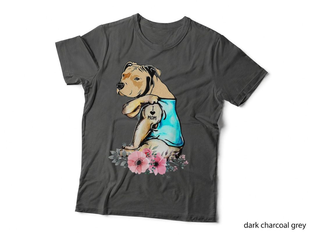 Flower Pitbull - I Love Mom Pitbull Tattoo Mors Day, Family Gift T-Shirt