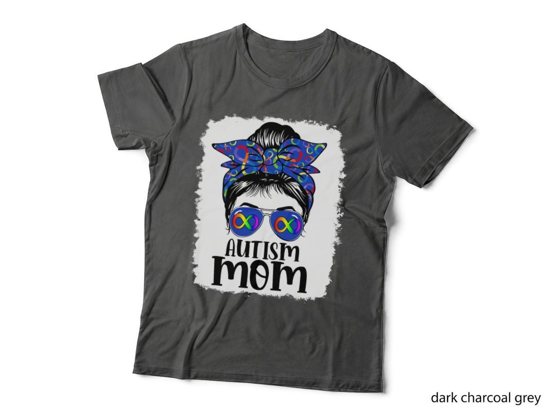 Mom Autism Awareness Messy Bun Infinity Rainbow Bleached T-Shirt