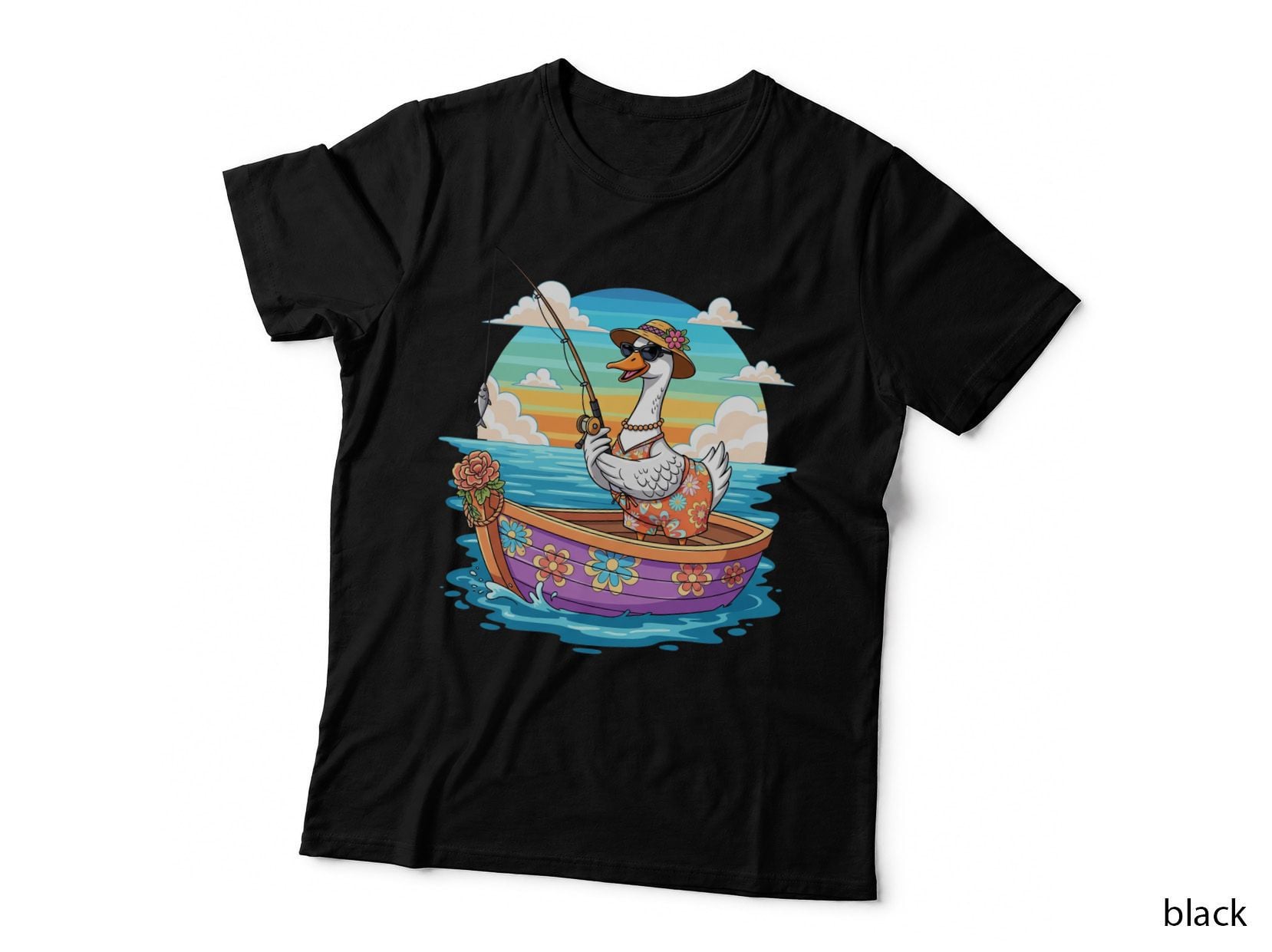 Duck Fishing in Boat with Floral Attire Funny Goose T-Shirt