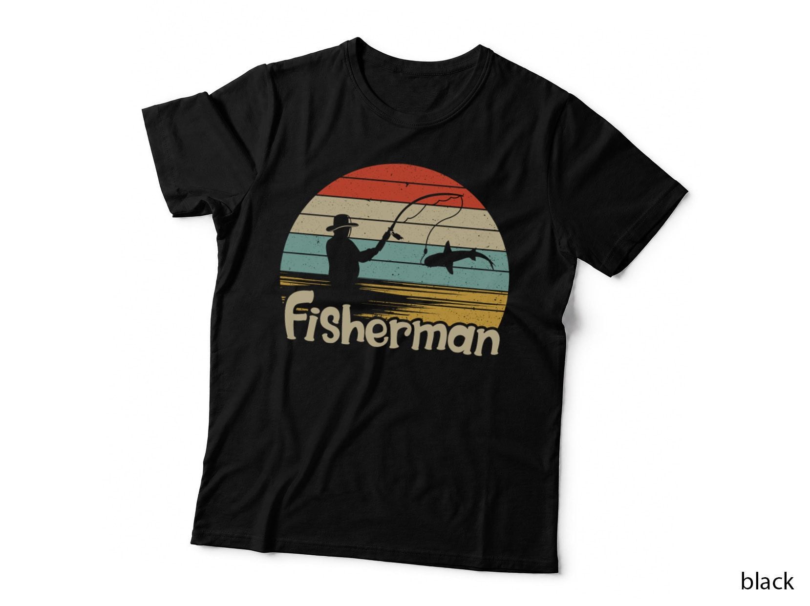 Fisherman Fishing T-Shirt, Fisherman Casting with Shark Graphic Tee