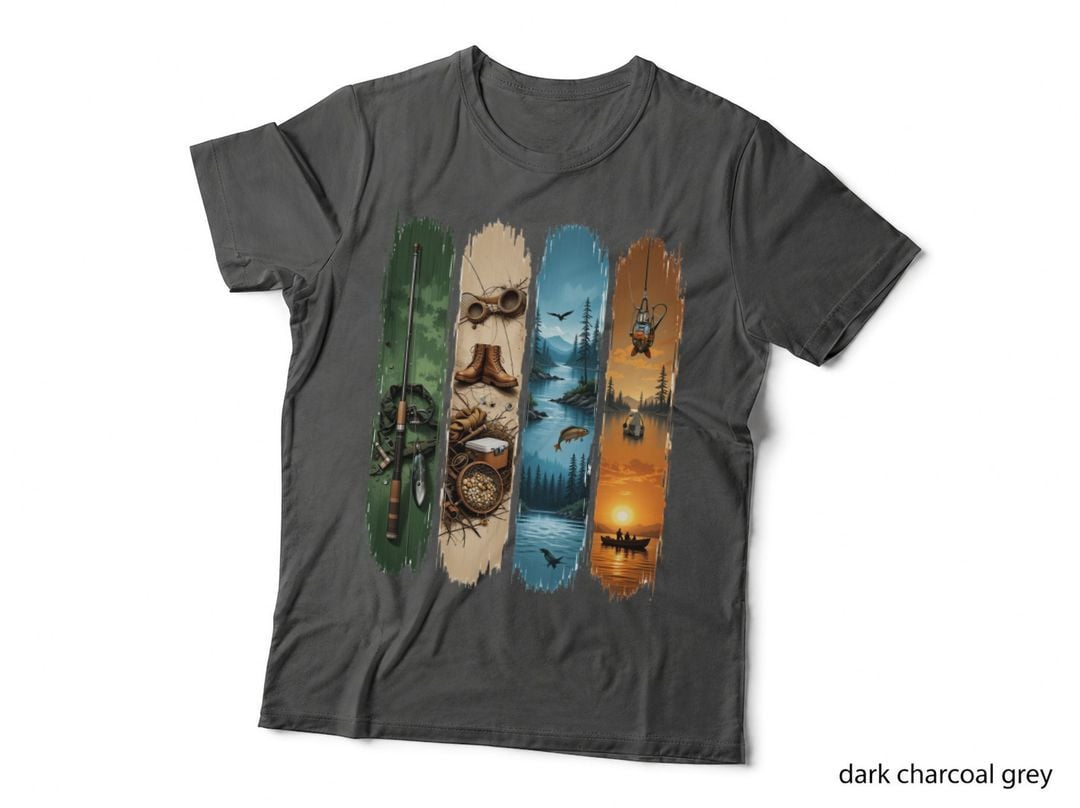 Fishing Gear and Serene Lake Scenes Hunting T-Shirt, Hunting Graphic Tee