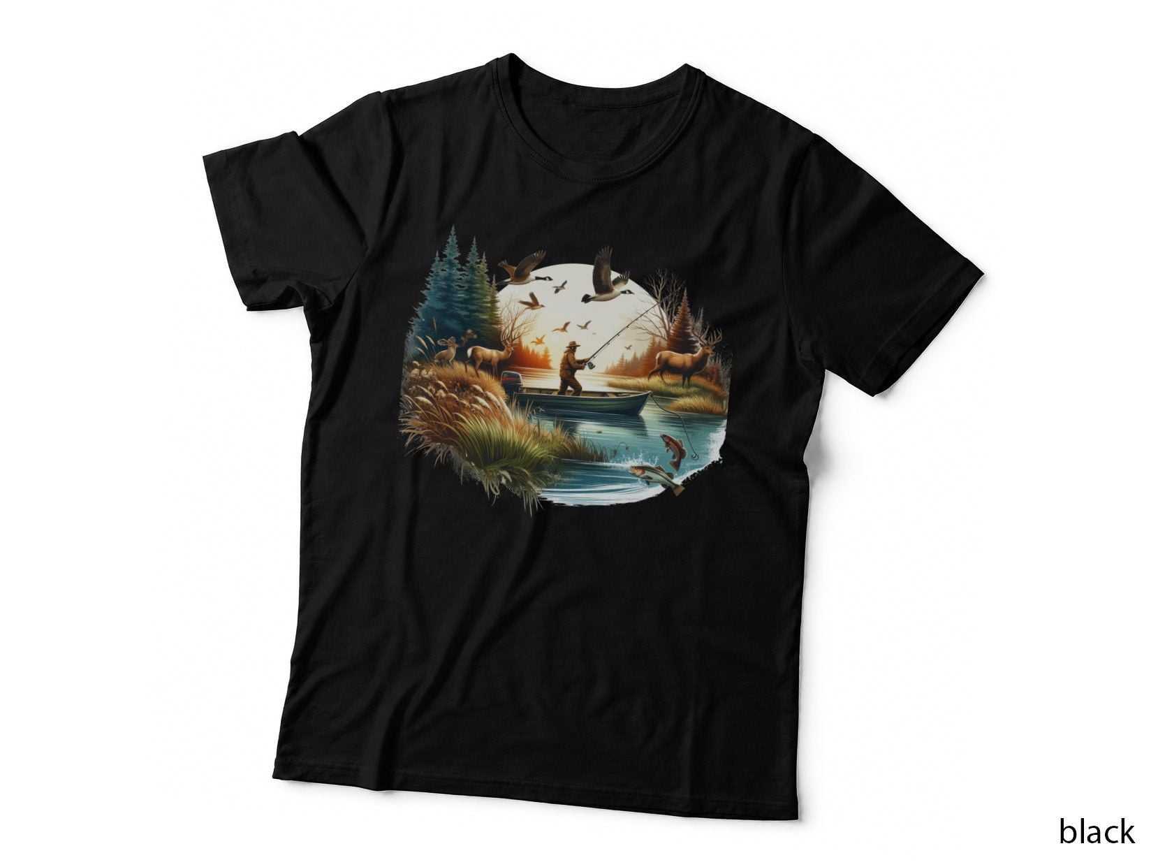 Fishing in Serene Forest Lake Hunting T-Shirt, Hunting Graphic Tee