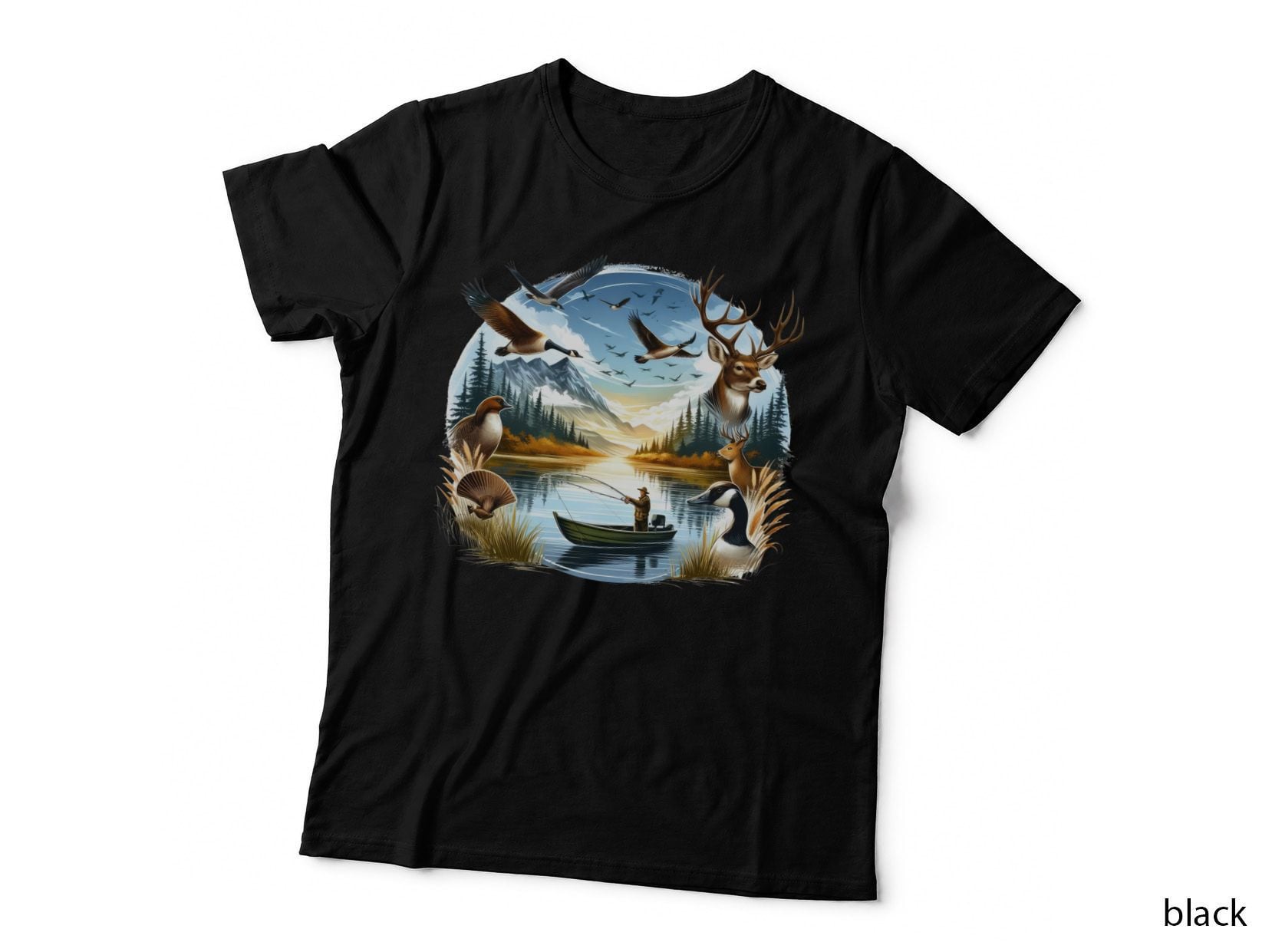 Fishing in a Serene Mountain Lake with Wildlife T-Shirt, Trendy Graphic Tee