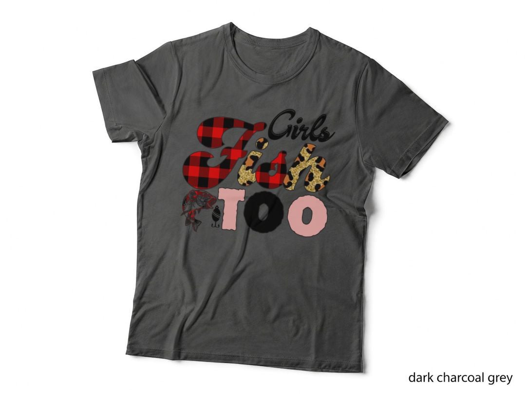 Girls Fish Too Fishing T-Shirt, Plaid and Leopard Print Fishing Graphic Tee