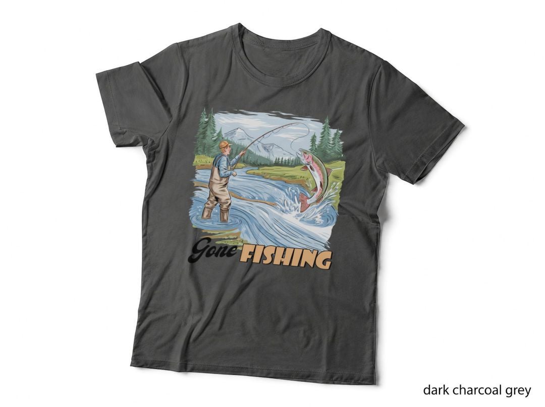 Gone Fishing T-Shirt, Man Fishing in River with Fish Graphic Tee