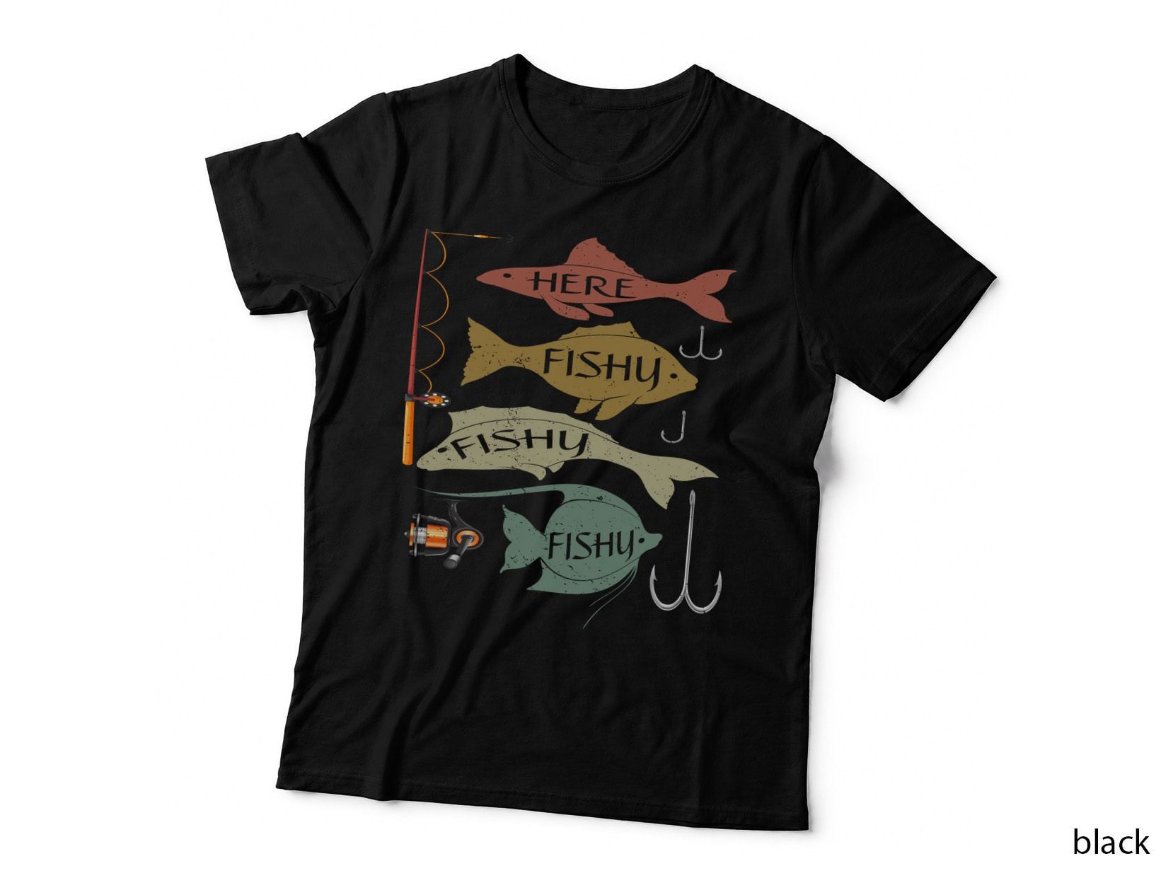 Here Fishy Fishing T-Shirt, Fishing Pole Fish Silhouette Hooks