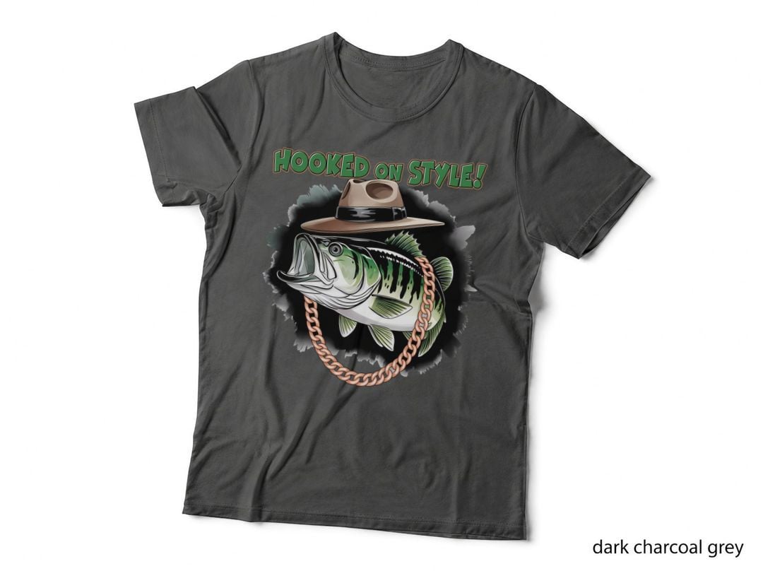 Hooked on Style! Fishing T-Shirt, Bass Fish Wearing Hat with Chain Graphic Tee