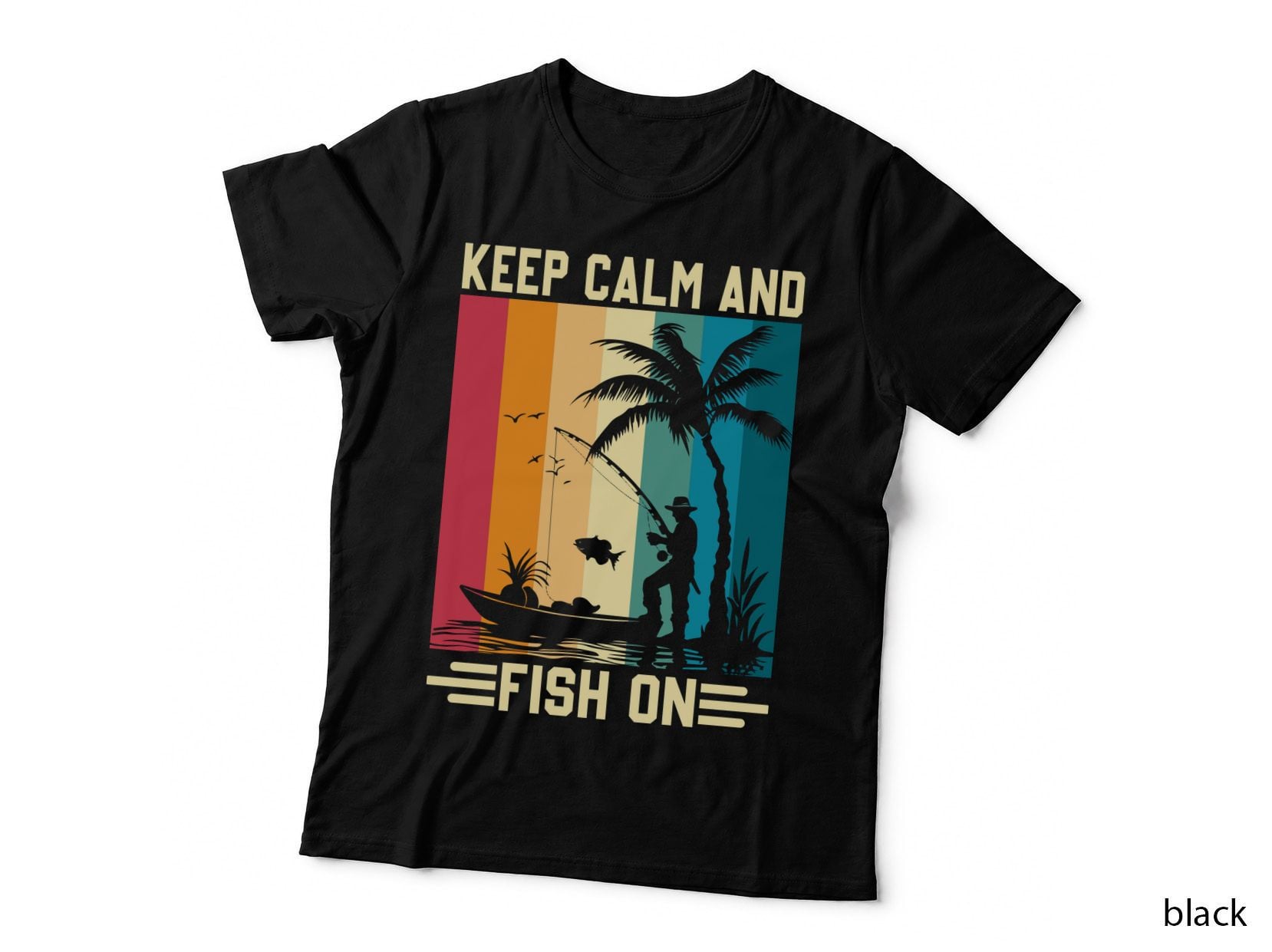 Keep Calm and Fish on Summer T-Shirt, Fishing Boat Sunset Layered Sunny Tee