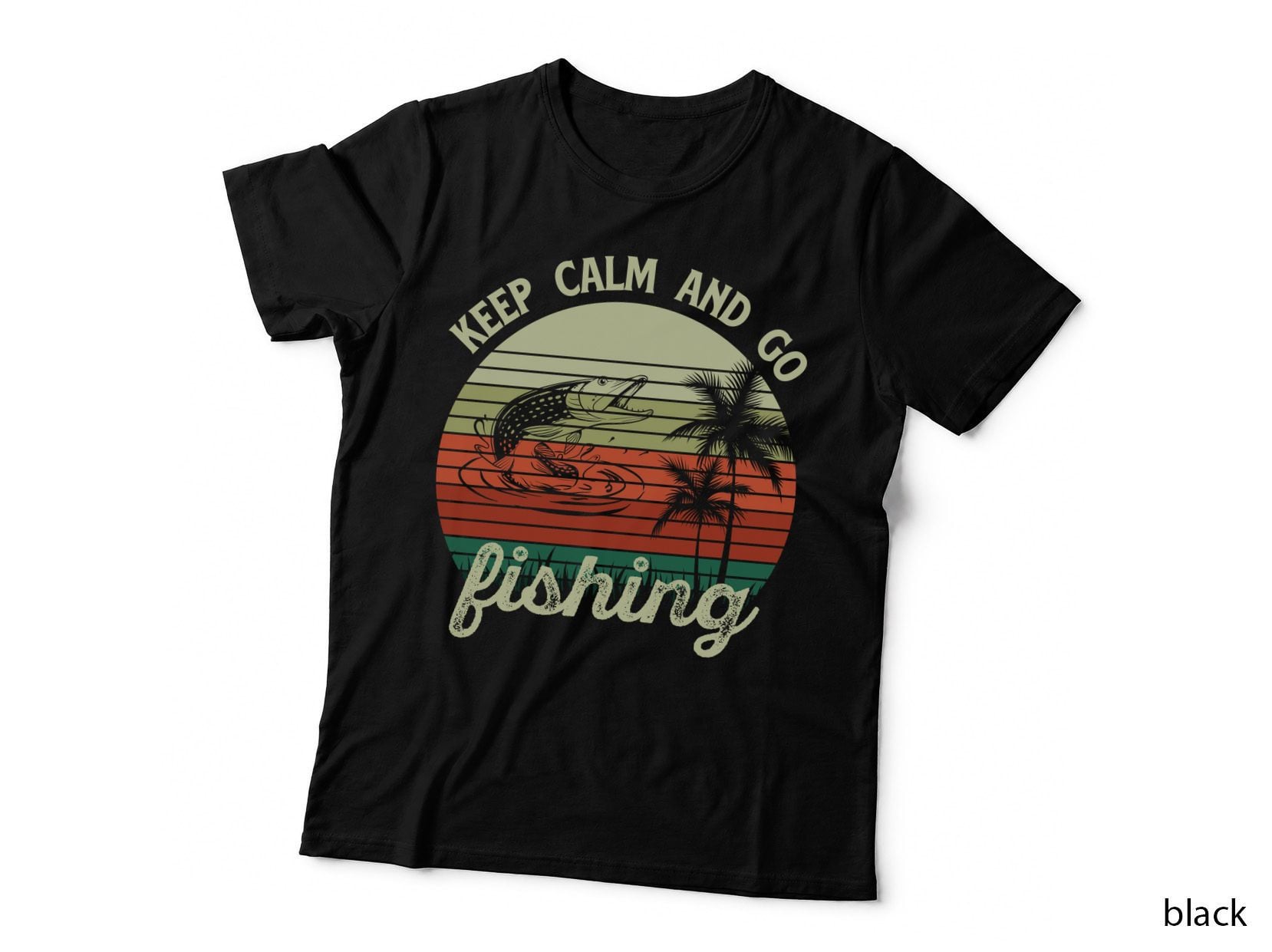 Keep Calm and Go Fishing T-Shirt, Fishing Sunset Palm Tree Graphic Tee