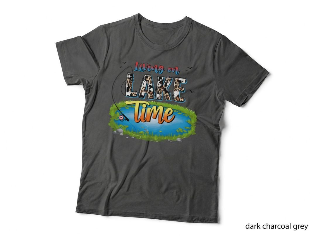 Living on Lake Time Fishing T-Shirt, Lake Fishing Scene with Grass and Graphic