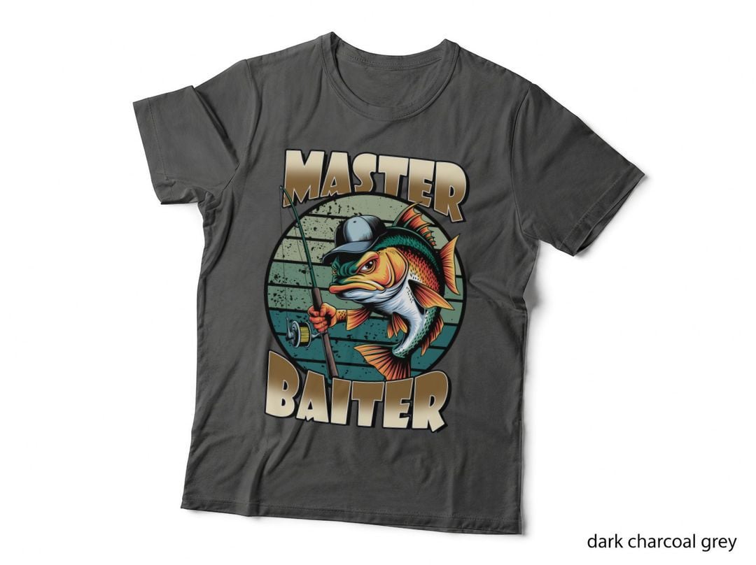 Master Baiter Fishing T-Shirt, Fish Holding Fishing Rod Graphic Tee