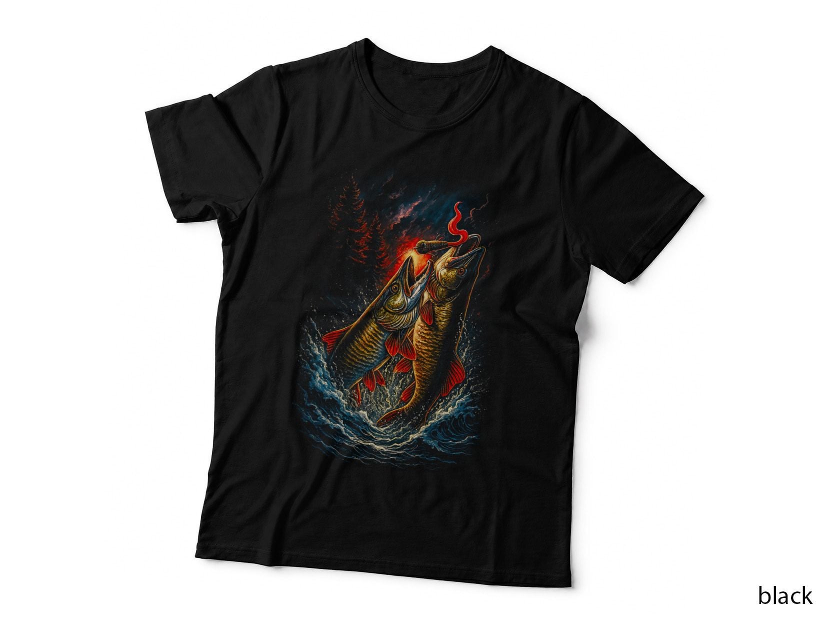 Pike Fishing T-Shirt, Halftone Wildfire Pike Scene Graphic Tee, Fisherman Shirt