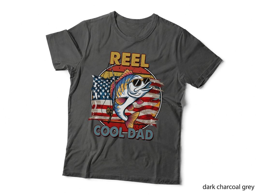 Reel Cool Dad Fathers Day T-Shirt, American Fishing Fish Wearing Graphic Tee