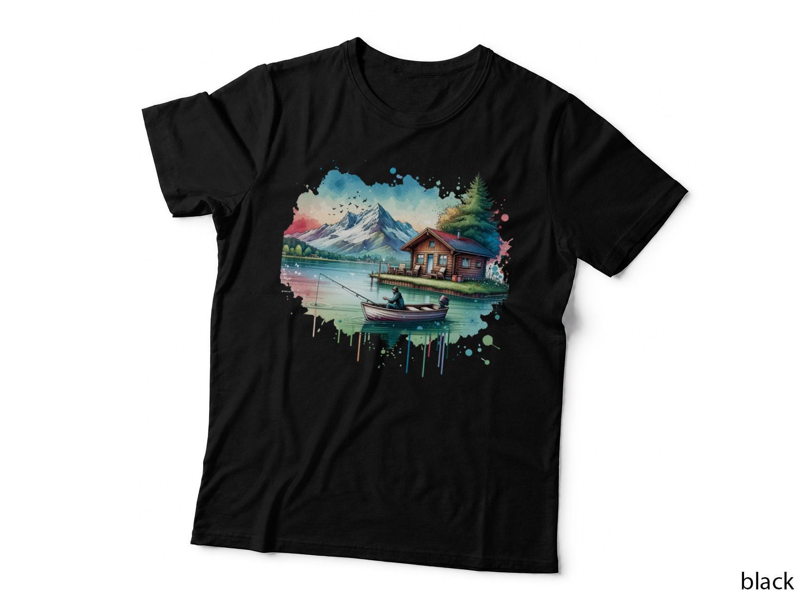 Serene Lake Fishing Cabin Scene Hunting T-Shirt, Hunting Graphic Tee