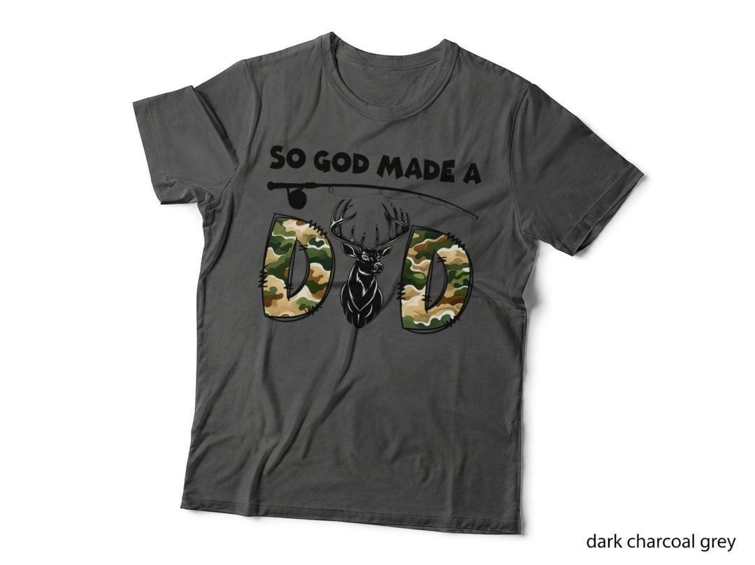 So God Made a Dad Fathers Day T-Shirt, Camo Deer Fishing Pole Graphic Tee