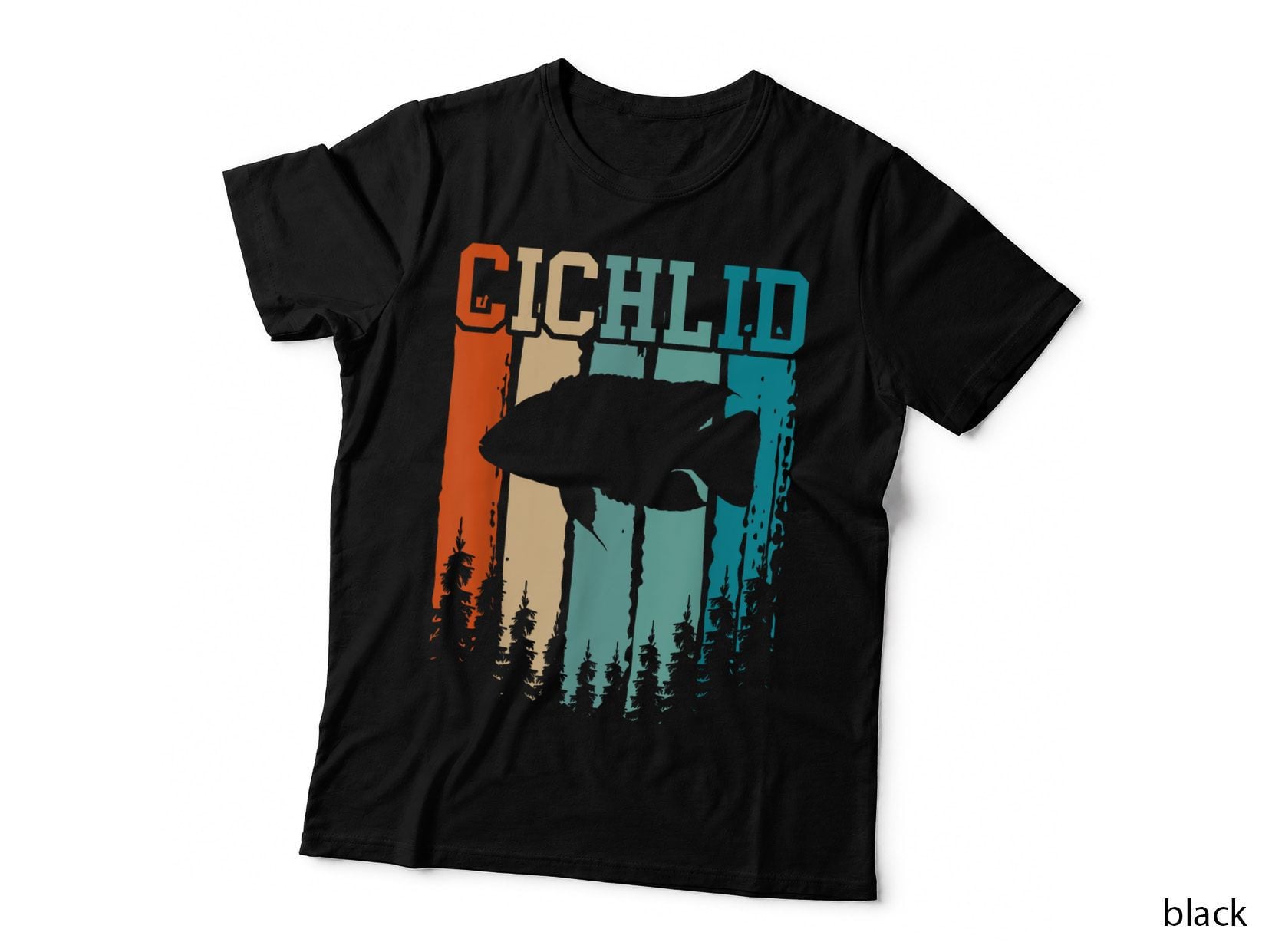 Cichlid Fish Retro Sunset T-Shirt, Silhouette Stripe, Angler Design