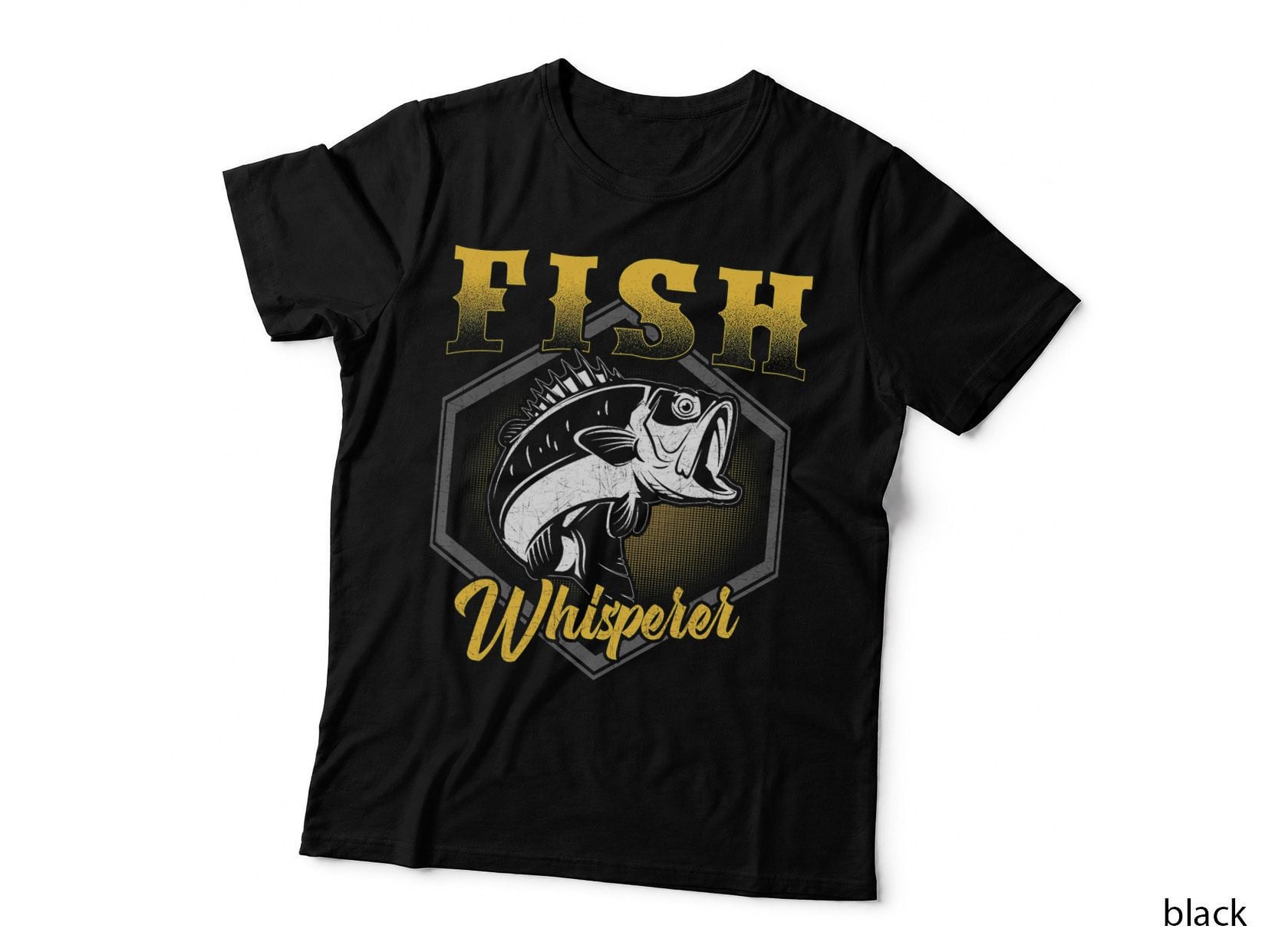 Fish Whisperer Hexagon Badge T-Shirt, Leaping Bass Graphic, Funny Angler Fishing