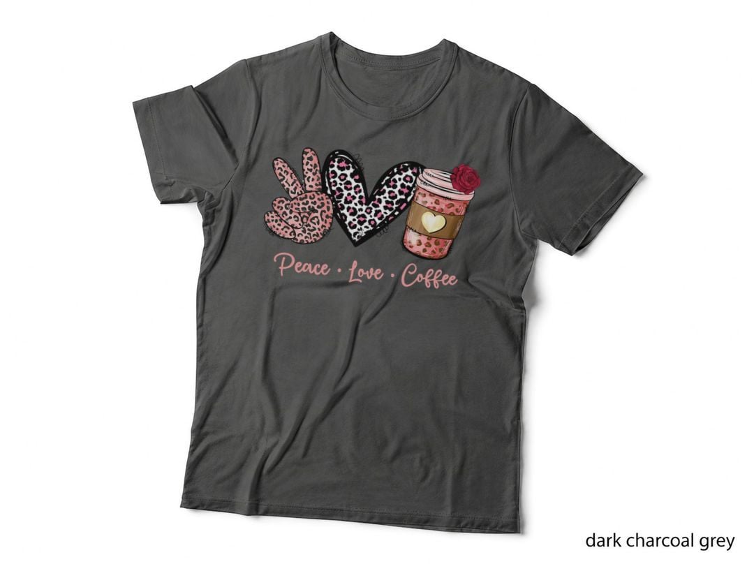 Leopard Peace Love Coffee Heart Peace Sign - Coffee Lovers T-Shirt
