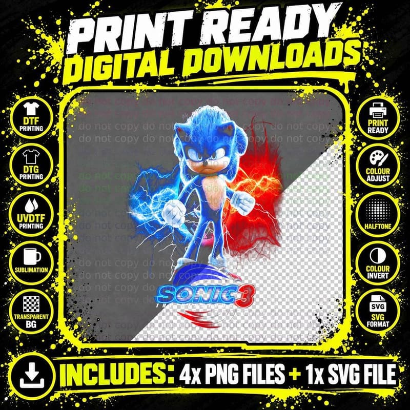 Sonic 3 the Hedgehog Blue Red Electricity Video Game Png SVG Digital Bundle