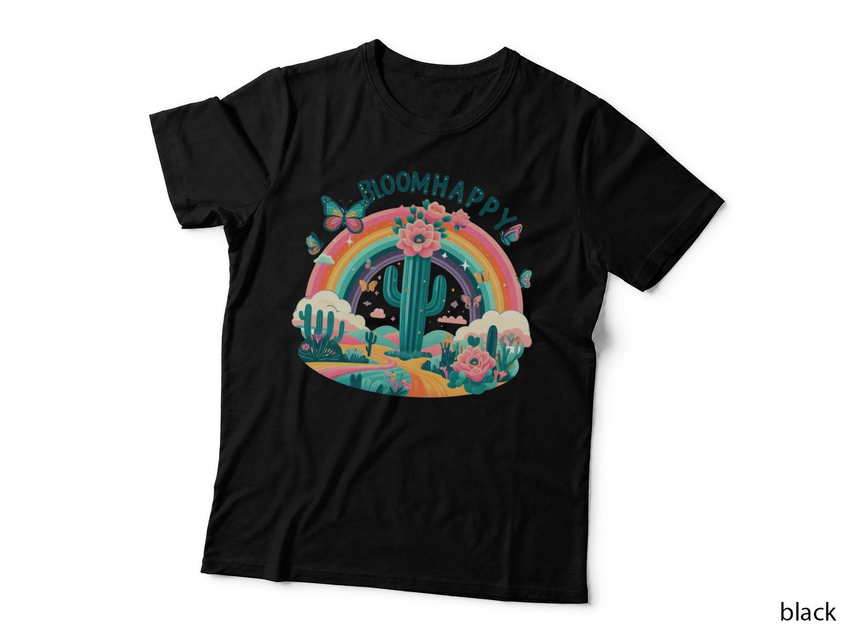 Bloomhappy Positive Quotes T-Shirt, Desert Rainbow Cactus Garden Graphic Tee