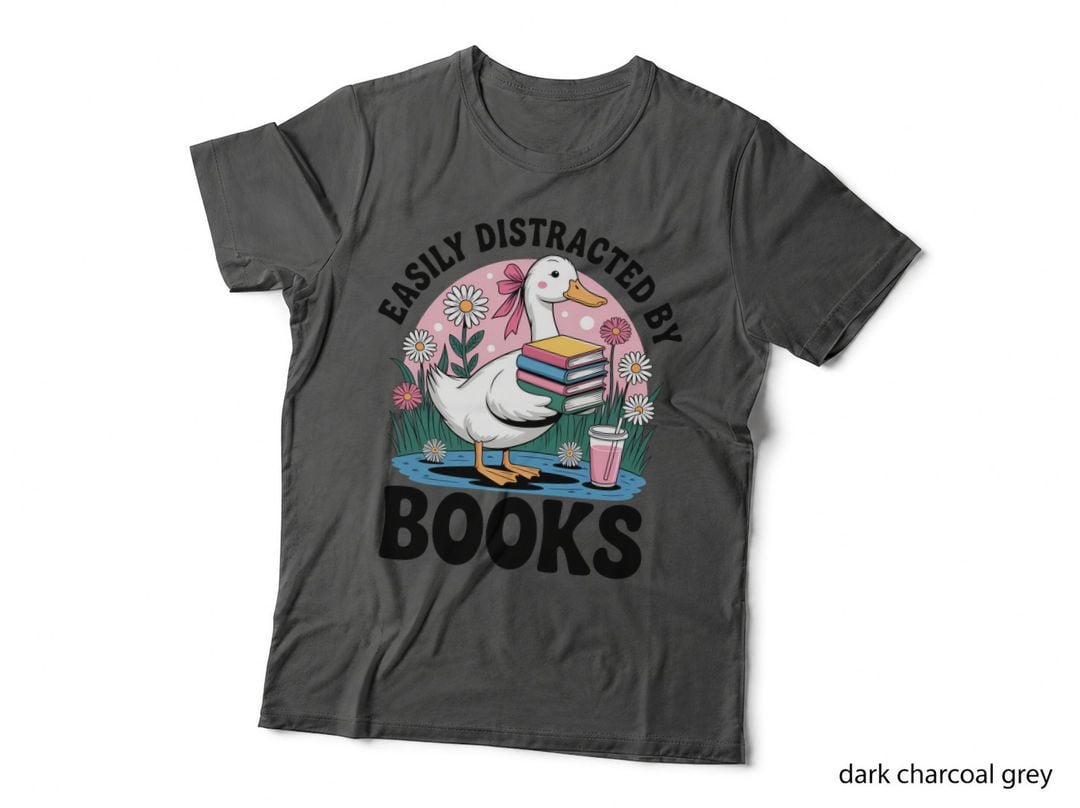 Easily Distracted by Books T-Shirt, Duck Holding Books in Garden Graphic