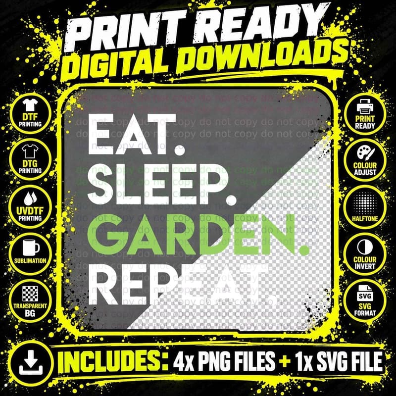 Eat Sleep Garden Repeat - Cute Gardening for Gardeners Png SVG Digital Bundle