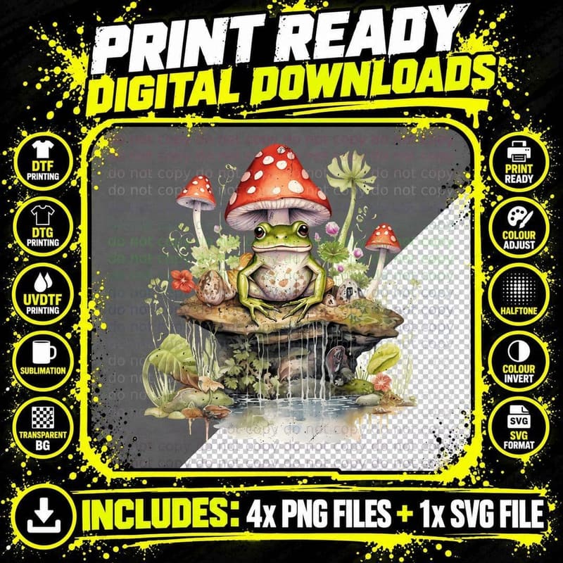 Frog Sitting on Mushroom in Garden Hippie T-Shirt Png SVG Digital Bundle