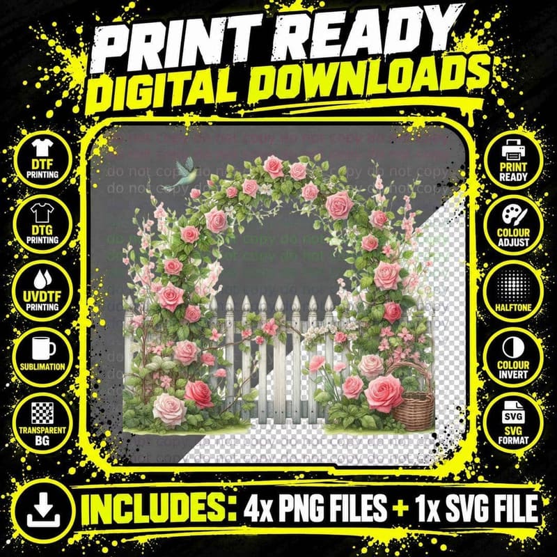 Garden Archway with Pink Roses Spring T-Shirt Png SVG Digital Bundle