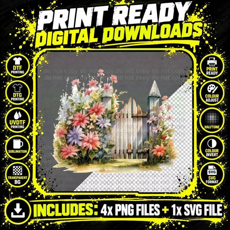 Garden Fence with Blooming Flowers Spring T-Shirt Png SVG Digital Bundle