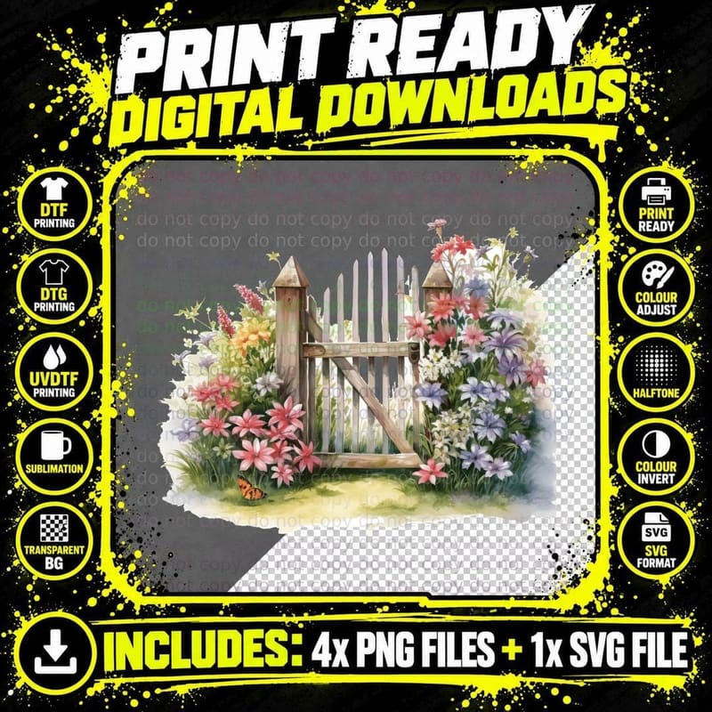 Garden Gate Surrounded by Colorful Flowers Spring Png SVG Digital Bundle