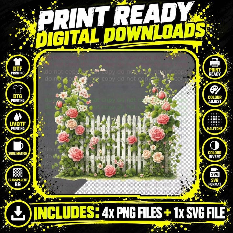 Garden Gate with Roses and Flowers Spring T-Shirt Png SVG Digital Bundle