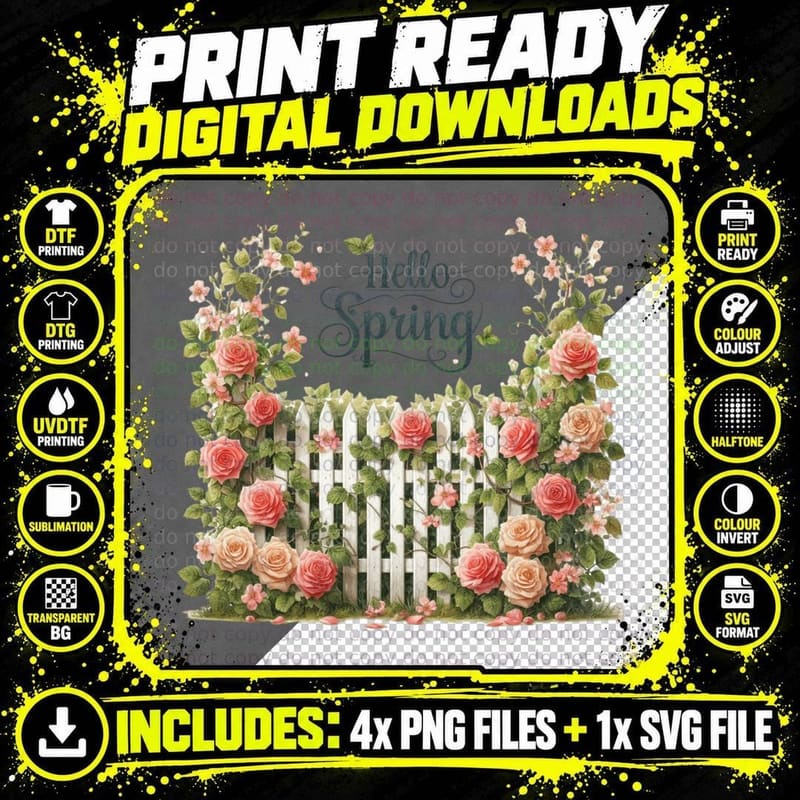 Hello Spring T-Shirt, Spring Garden Roses Fence Graphic Png SVG Digital Bundle