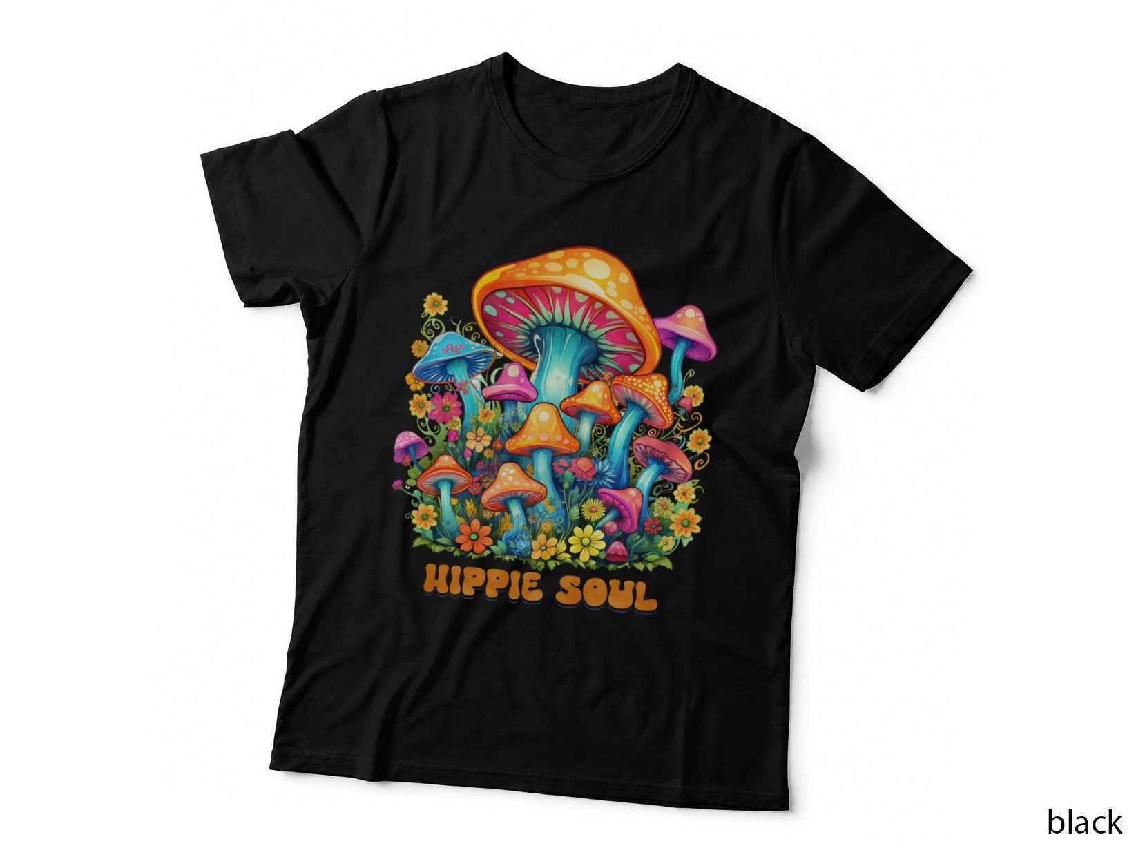 Hippie Soul Hippie T-Shirt, Colorful Mushrooms in a Garden Graphic Tee