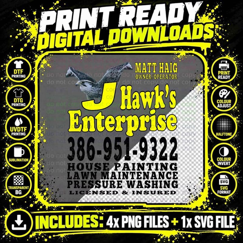 J Hawk Lawn Care Gardening Mowing Landscaper Grass Work Png SVG Digital Bundle