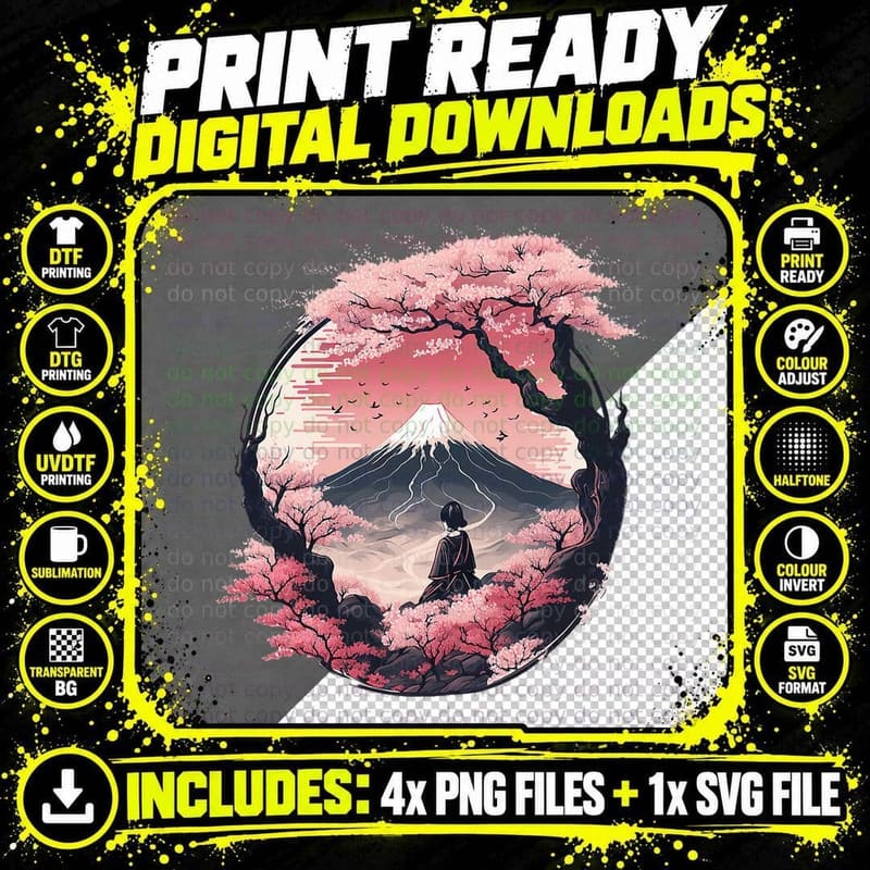 Mount Fuji Cherry Blossoms Geisha Japanese Garden Japan Png SVG Digital Bundle