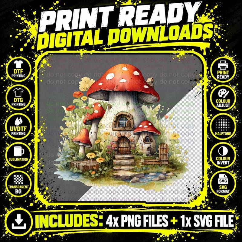Mushroom House in a Garden Hippie T-Shirt Png SVG Digital Bundle