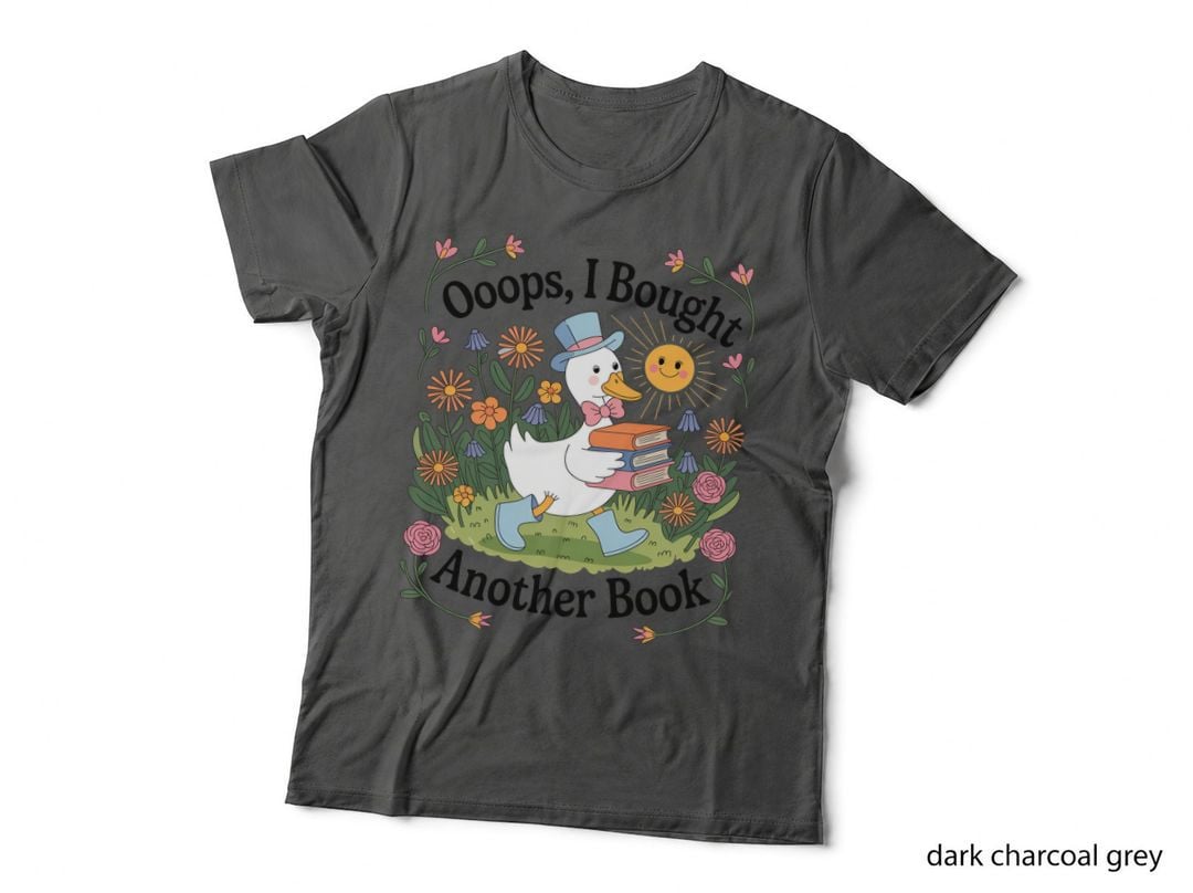 Ooops I Bought Another Book Books T-Shirt, Duck Holding Books in Garden Graphic