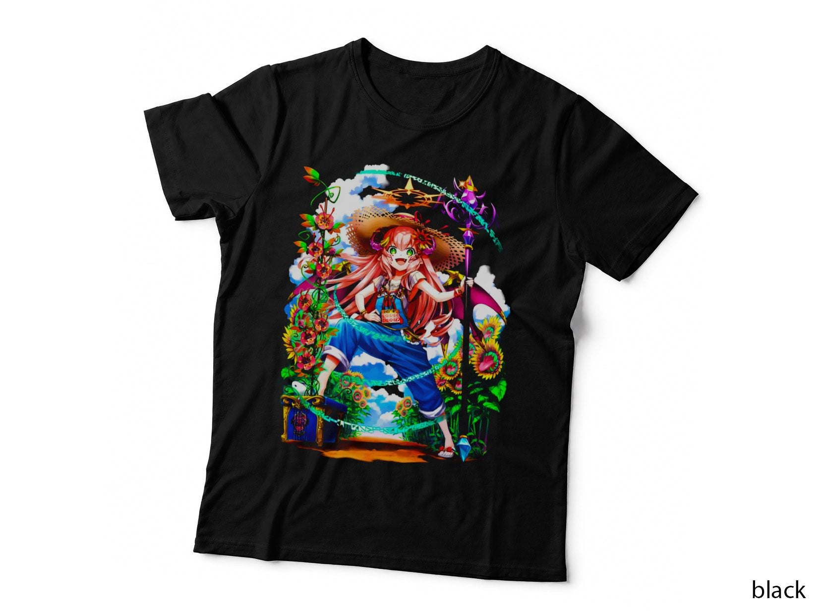 Red-Haired Garden Girl Sunflowers Blue Sky Peaceful T-Shirt