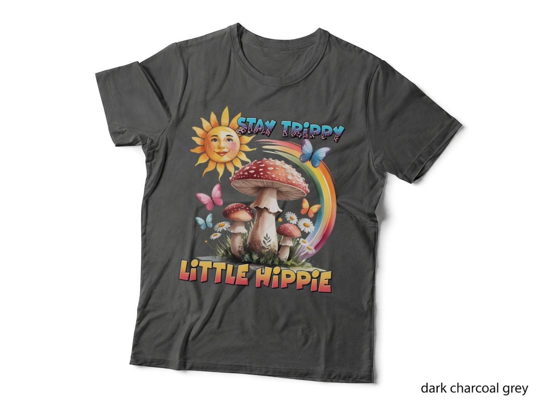 Stay Trippy Little Hippie T-Shirt, Mushroom Garden with Butterflies