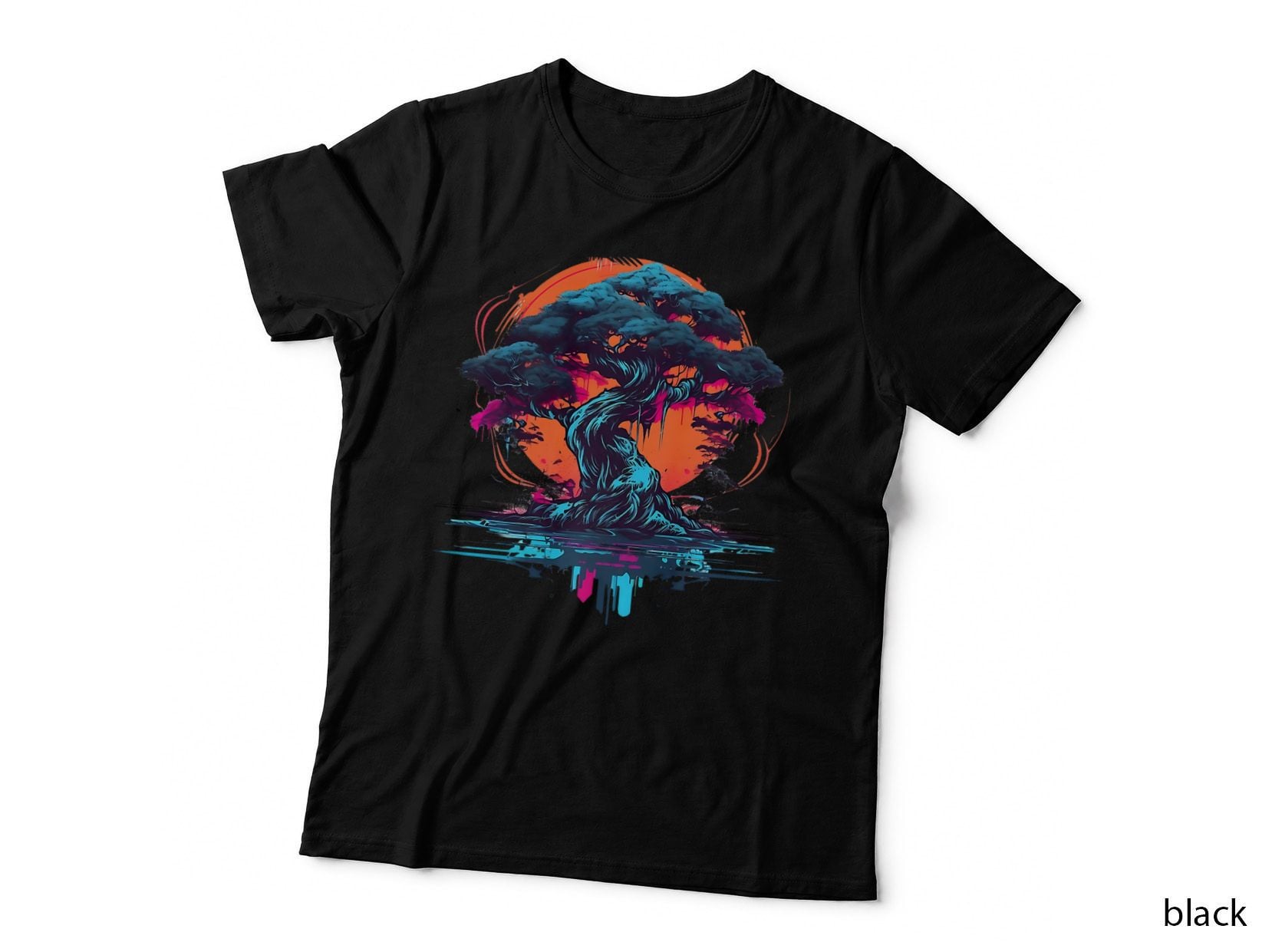 Synthwave Bonsai Tree with the Rising Sun in Japan Design, Garden T-Shirt