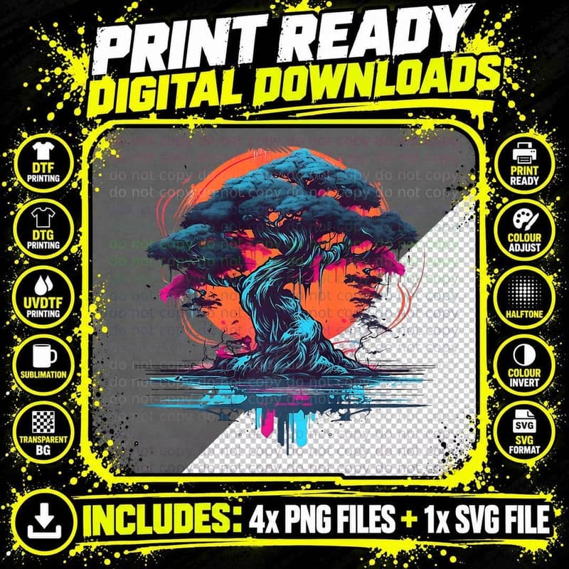 Synthwave Bonsai Tree with the Rising Sun in Japan Png SVG Digital Bundle