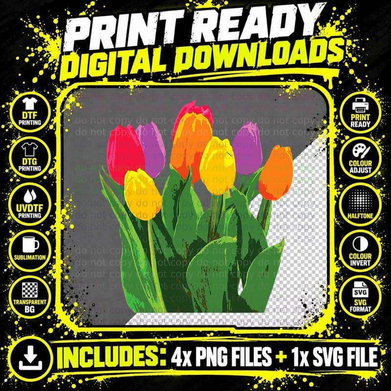 Tulip Colored Assortment - Gardener Gardening Flowers Png SVG Digital Bundle