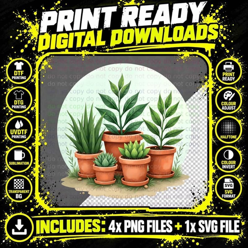 Watercolor Potted Plants Succulent & Cactus T-Shirt Png SVG Digital Bundle