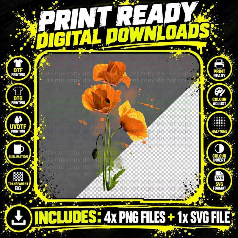 Watercolor Yellow Poppy Flower Bouquet Gardening Plants Png SVG Digital Bundle