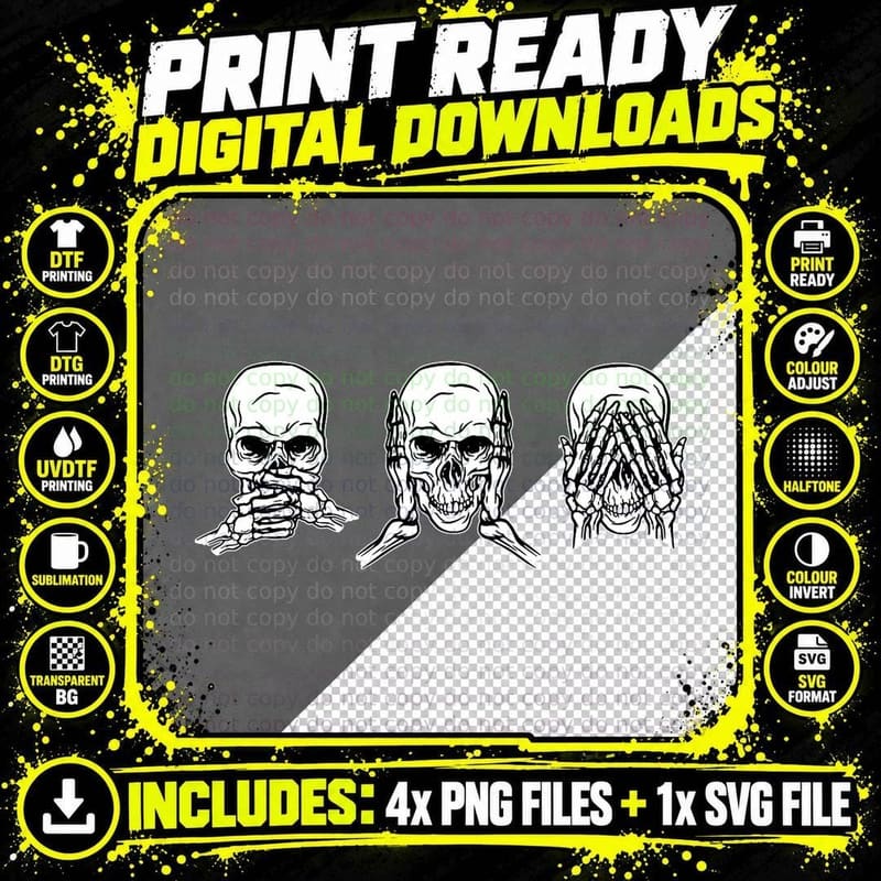 3 Wise Skulls Skeletons Heads Gothic Clothing Women Goth Png SVG Digital Bundle
