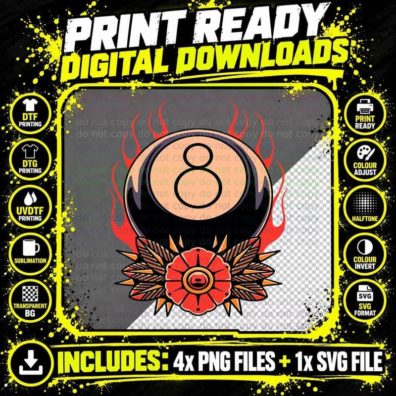 8-Ball Billiards Tattoo T-Shirt, Tribal Symbol Art Png SVG Digital Bundle